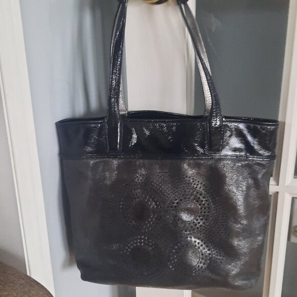 COACH Audry Shoulder Tote Bag Perforated Black Patent Leather - Picture 2 of 9